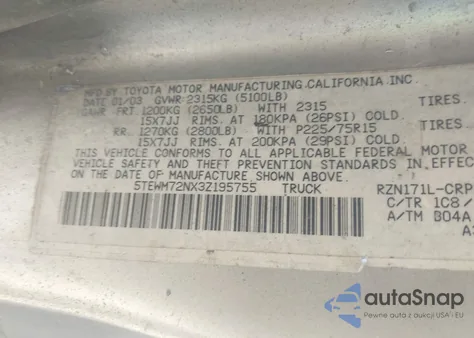 2003 Toyota Tacoma Xtracab z USA, uszkodzony, nr VIN 5TEWM72NX3Z195755